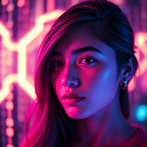 Create a digital art portrait of a young woman with a futuristic background featuring glowing data streams and binary code, captured with a Canon EOS R5, 50mm lens, f/1.8 aperture, ISO 100, in a soft-focus style with vibrant neon colors.