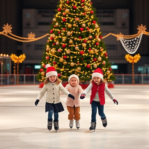 Generate an image of three children ice skating on a rink surrounded by a large Christmas tree adorned with ornaments and lights. The children are wearing winter clothing and Santa hats, and they are joyfully holding hands as they glide across the ice. The setting is festive and cheerful, capturing the spirit of the holiday season.