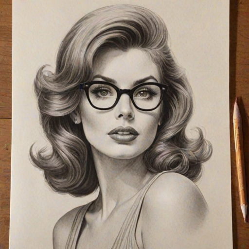Radiant Tina Louise, pencil sketch, portrait of Stunning woman 1943s in glasses, hair style beatnik, outline, clear lines, fine lines, 8k