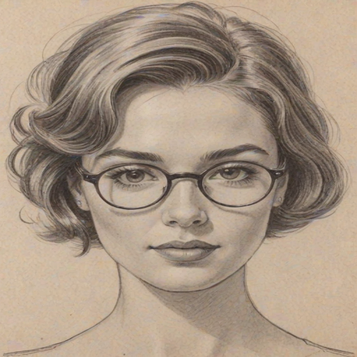 Charming Chloe East, pencil sketch, portrait of Captivating woman 1957s in glasses, hair style beatnik, outline, clear lines, fine lines, 8k