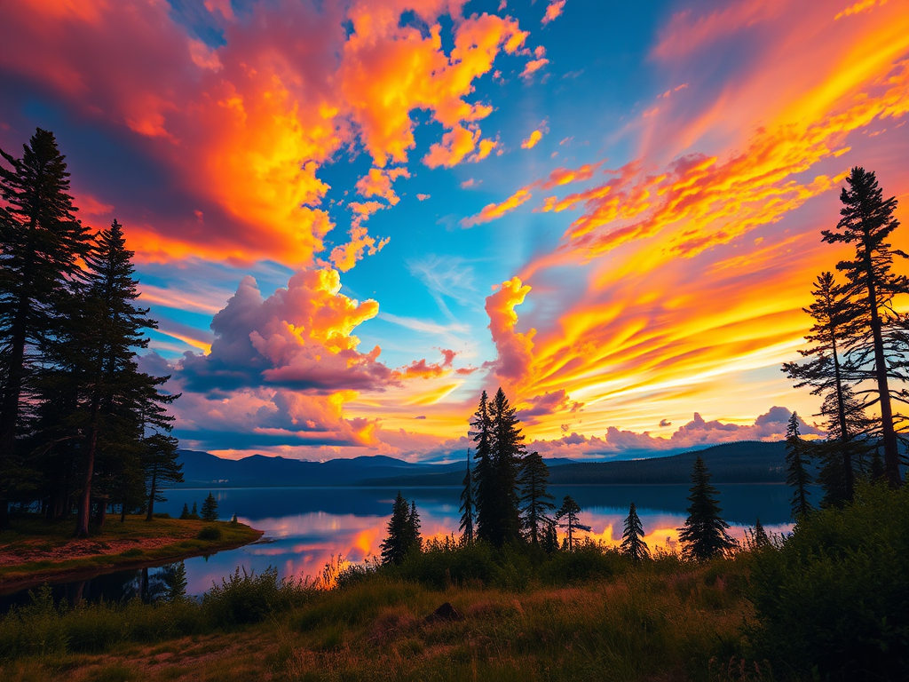Create an impressionistic landscape of a vibrant sunset over a serene lake reflecting colorful clouds and tall trees, shot with a Canon EOS R5, 24mm lens, f/11 aperture, 1/200 sec shutter speed, ISO 100, at golden hour to enhance colors and clarity.