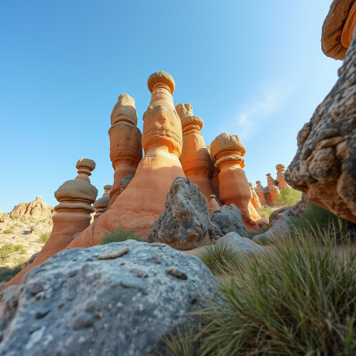 regenerate an image of unique rock formations in a natural landscape with a DSLR camera, aperture f/8 for depth of field, ISO 200 for clarity, using a wide-angle lens at 24mm, with a top-down view to capture texture and detail in the rocks.