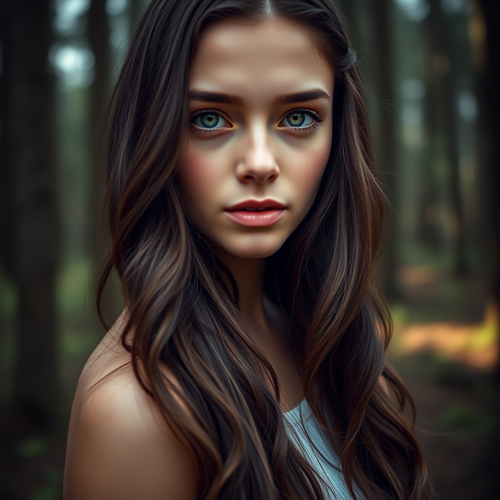 A close-up portrait of a young woman with long, wavy, dark hair and striking green eyes set against a mystical forest background, captured with a Canon EOS R5, 50mm f/1.2 lens, natural light, shallow depth of field, soft focus style.