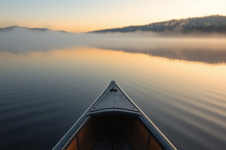 photograph a serene lake at dawn with fog hovering above the water, focus on the foreground of a canoe bow pointing toward the misty landscape, use a wide-angle lens, aperture f/8, ISO 100, shutter speed 1/60s, soft natural lighting, shot with a DSLR camera