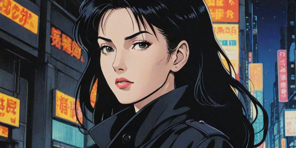 Retro 90s Anime style illustration drawing of a closeup on face of woman wearing a long black trench-coat futuristic city in the background in the style of the 90s anime Akira