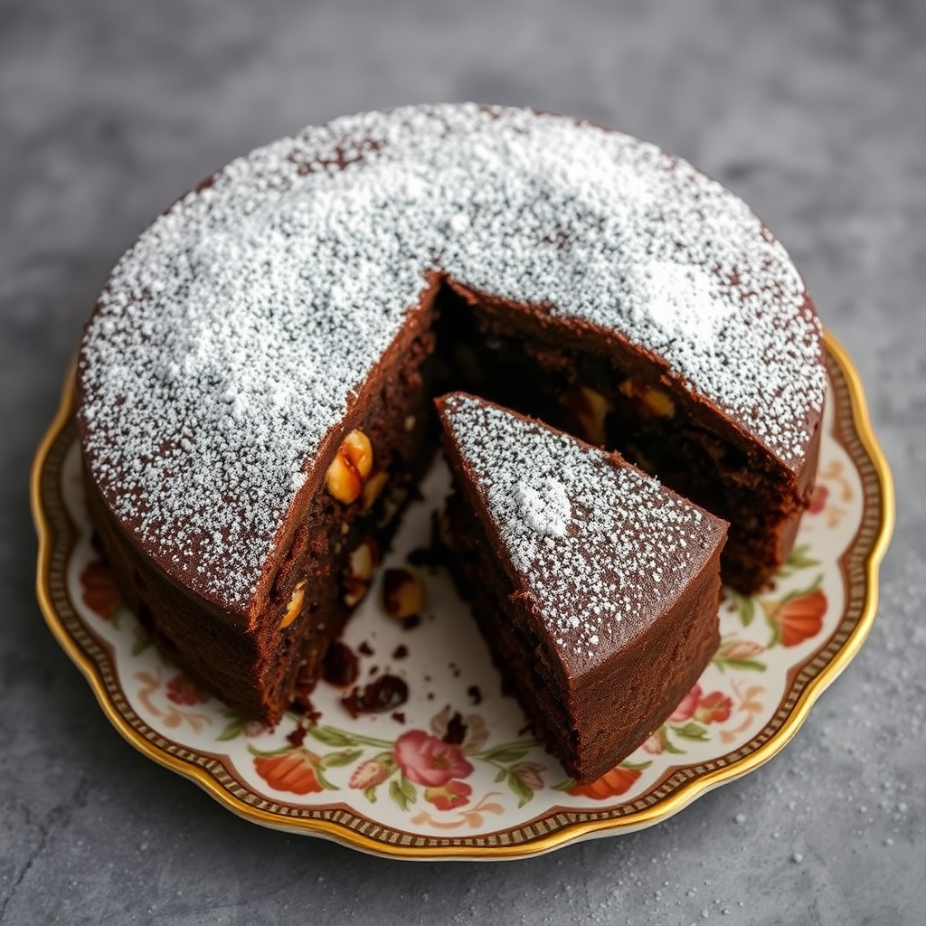 A delicious chocolate cake with a slice cut out, dusted with powdered sugar, revealing a moist and rich interior with chunks of nuts, placed on a decorative plate on a textured gray background.