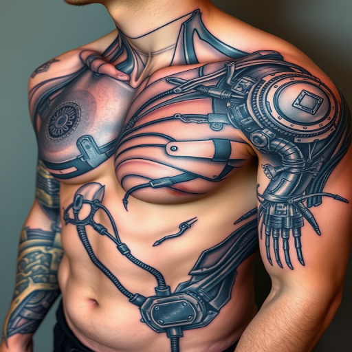 Biomechanical tattoo named "Cybernetic Evolution" showcasing exposed robotic components seamlessly blending with human anatomy, spanning across the chest and shoulder, incorporating metallic textures, hydraulic systems, and circuitry patterns in various shades of gray, blue, and silver