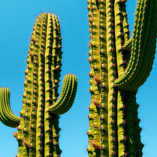 Create a detailed illustration of a tall green cactus with prominent spikes, using a high-resolution digital format, set to a 50mm lens, f/8 aperture, and 1/125 shutter speed, capturing the cactus from a low angle against a clear blue sky background for enhanced contrast and depth.