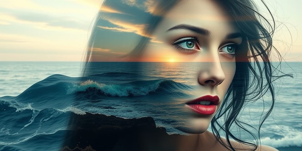 imagine Book cover, A surreal double exposure portrait that blends a woman's face with a beautiful seascape. The overall mood is dreamy and mystical, with rich colors and intricate details