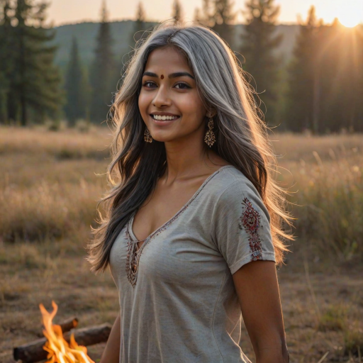 ultrarealistic, beautiful Indian woman, Indian pirouette on her head, gray hair, long straight hair, the sun gently illuminates her hair. Ultrarealistic skin, stands in the meadow, 1 girl, age - about 25 years old, swarthy complexion, ultrarealistic skin, smiles gently, stands near the campfire. She looks sexy
