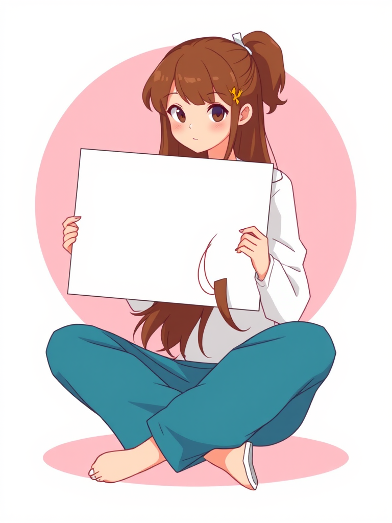 Create a vector illustration of a character with long brown hair sitting down and holding a large blank sign, with a soft pink circular background, using a digital illustration style, 4K resolution, flat design, and optimized for web use.
