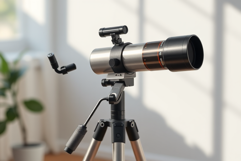 create a high-resolution digital illustration of a telescope on a tripod with a modern design, use a shallow depth of field to emphasize the telescope, with natural lighting, in a studio setting, shot with a DSLR camera at f/2.8 aperture, ISO 100, and a focal length of 50mm.