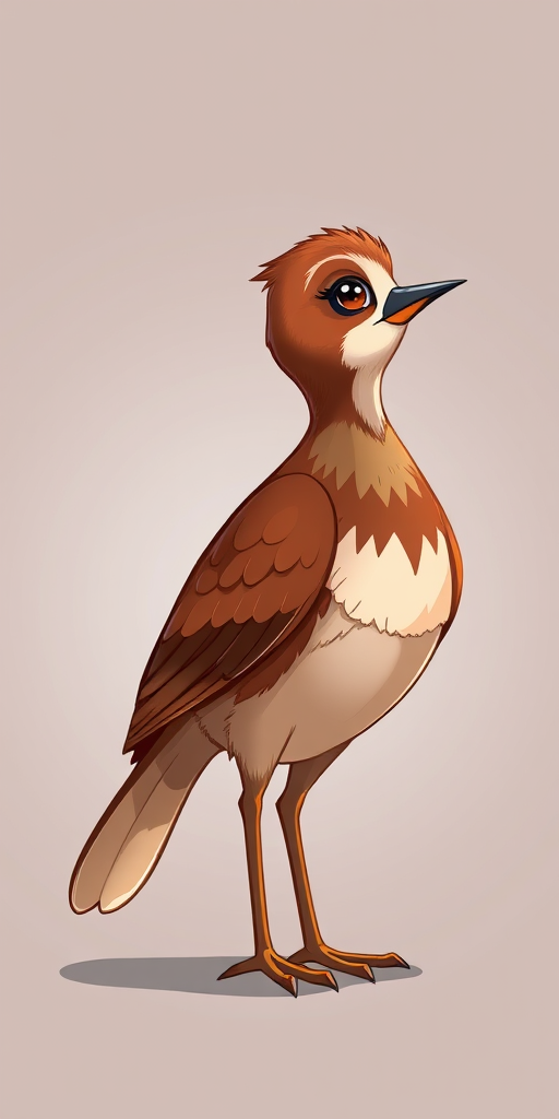 Create a high-resolution illustration of a cartoon bird standing in profile, showcasing a mix of brown tones with detailed feather patterns, using a DSLR camera with a 50mm lens, aperture set to f/2.8, ISO 100, and a soft focus background to enhance image quality.