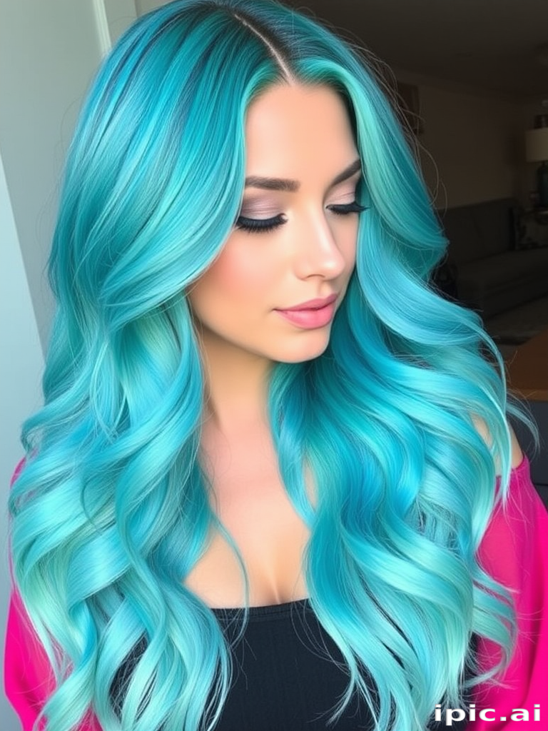 Teal to turquoise color melt on long, mermaid-inspired waves, dubbed "Lagoon Luxe," showcasing a gradient of ocean-inspired hues and a pearlescent sheen