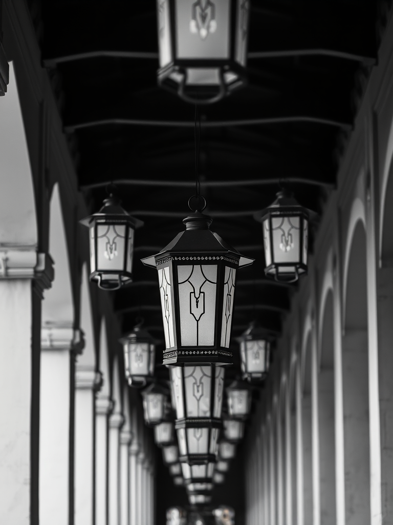 create a high-resolution black and white photograph of hanging lanterns aligned in a colonnade, using a Canon EOS R6, 50mm f/1.8 lens, aperture set to f/2.8, shutter speed 1/60s, ISO 200, capturing a symmetrical perspective from a low angle to enhance depth and focus on the lantern details.