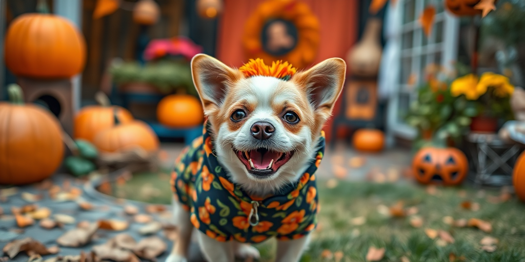 Capture a playful dog wearing a floral outfit in a vibrant Halloween-themed setting with pumpkins and decorations, shot with a Canon EOS R5 at f/2.8, ISO 100, 50mm lens, using a shallow depth of field for a soft background blur, natural soft lighting for enhanced features.