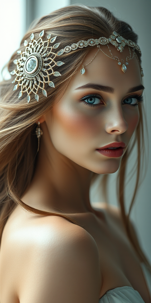 Regenerate the image of a serene, futuristic woman with long flowing hair and an intricate headpiece, using a Canon EOS R5 camera with a 50mm f/1.2 lens, ISO 100, f/1.2 aperture, and 1/200 second shutter speed, shot from a portrait view in soft diffused lighting for enhanced details and vivid colors.