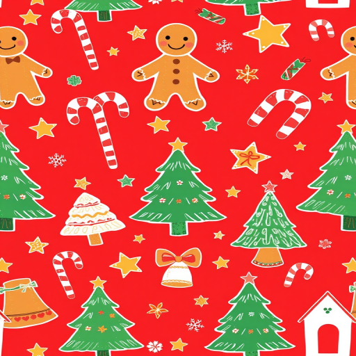 Create a seamless pattern featuring festive holiday elements on a red background include gingerbread men candy canes Christmas trees stars bells and small houses in a whimsical hand-drawn style