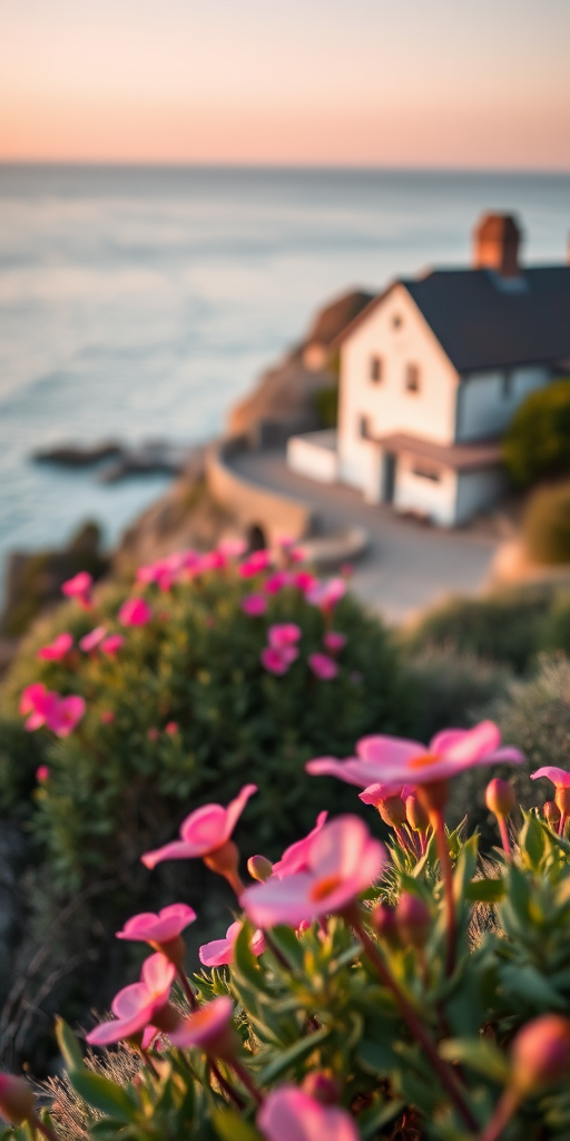 a serene coastal landscape with vibrant pink flowers and a charming house by the water, captured with a Canon EOS R5, 50mm lens, f/1.8 aperture, ISO 100, 1/250 sec exposure, soft golden hour lighting, focused on the foreground flowers and house with a shallow depth of field