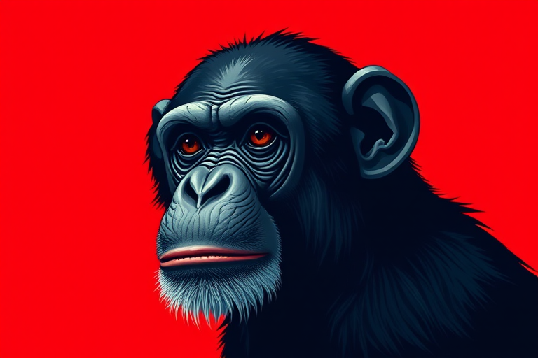 create a vibrant digital illustration of a stylized chimpanzee head on a bold red background with high contrast, using a Canon EOS R5 camera with a 50mm f/1.2 lens at ISO 100, f/1.2, and a shallow depth of field to enhance the clarity and detail of the subject, in portrait orientation.