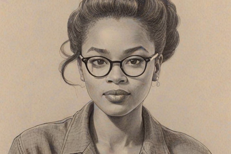 Enchanting Zoe Mthiyane, pencil sketch, portrait of Lovely woman 1953s in glasses, hair style beatnik, outline, clear lines, fine lines, 8k