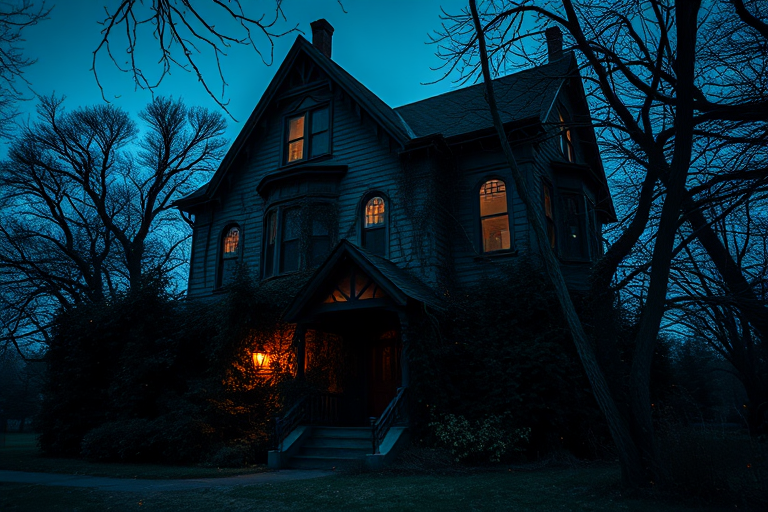 An eerie Victorian house at dusk with overgrown vines and glowing fireflies, captured with a Canon EOS R5, 24mm lens, f/2.8, ISO 200, long exposure to enhance details in shadows and light, in a low-angle view for dramatic effect.