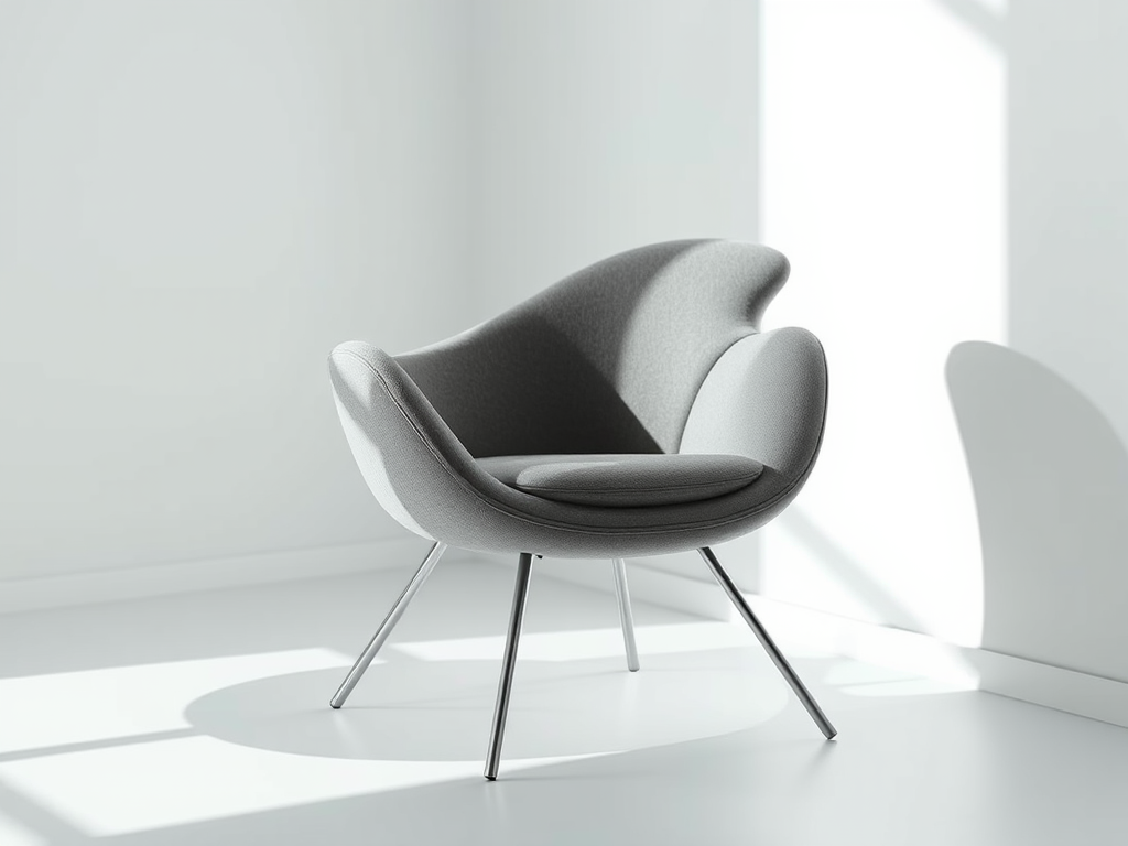 Generate a detailed and realistic image of a modern chair in a minimalistic style, with soft natural lighting, using a DSLR camera with a 50mm lens, f/2.8 aperture, ISO 200, and a slight angle view to emphasize the design and contours of the chair.