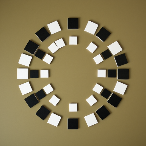 Generate a circular pattern of alternating white and black squares arranged symmetrically, centered on a muted olive background, shot with a Canon EOS R5 at f/8, ISO 100, 1/200s, with a 50mm lens and a top-down view for precision and clarity.