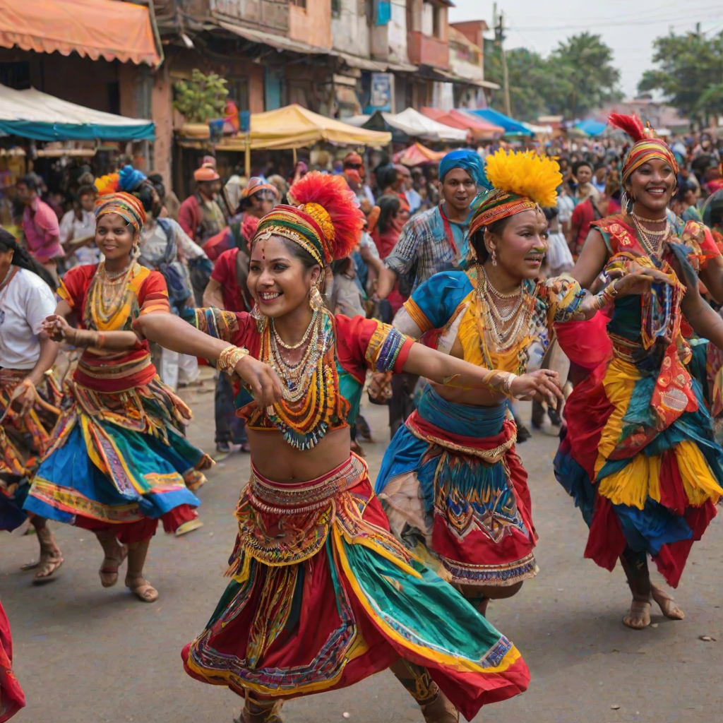 Vibrant cultural festival, with traditional dancers in colorful costumes, musicians playing lively tunes, and people enjoying various cultural activities, creating a sense of community.
