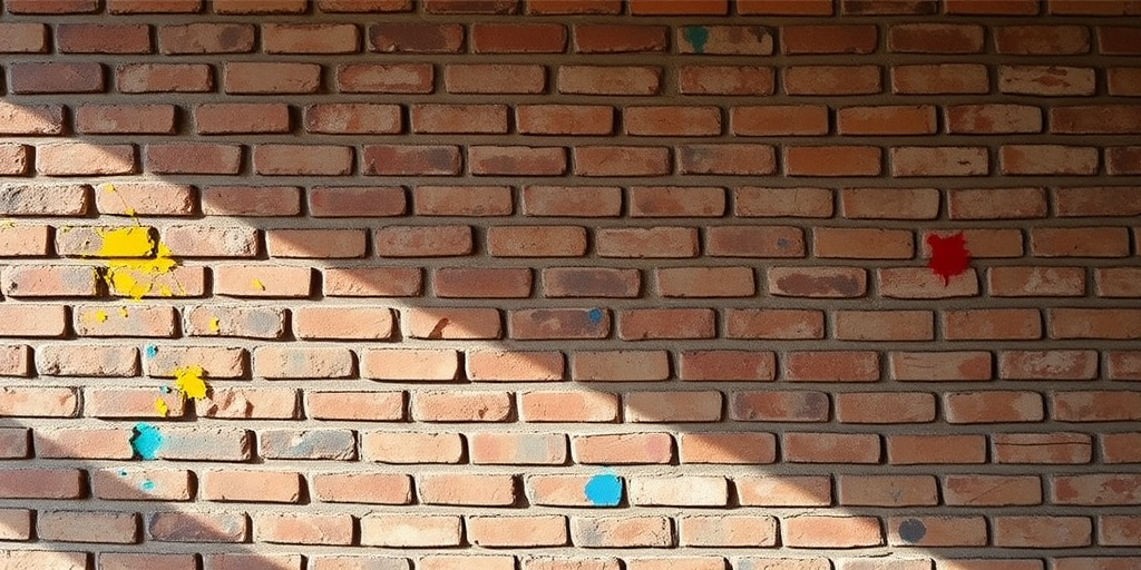 Capture a textured brick wall with vibrant splashes of color, using a Canon EOS R5, 24mm lens, aperture f/8, ISO 100, with a slight vignette effect and natural light for enhanced depth and contrast.