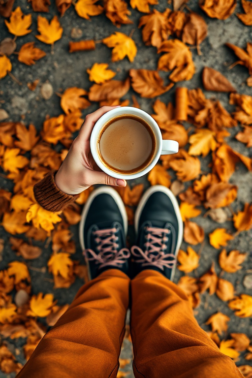 Create an image of a top-down view of a person's legs wearing brown pants and black shoes, holding a coffee cup, with autumn leaves scattered around, captured with a Canon EOS R, 50mm lens, f/1.8 aperture, ISO 100, natural light, focusing on vibrant colors and sharp details.