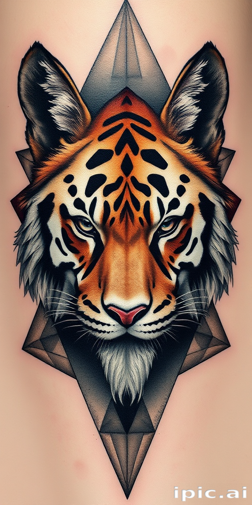 Geometric realism tattoo titled "Fractured Nature" combining photo-realistic animal portraits with geometric shapes and patterns breaking up the image