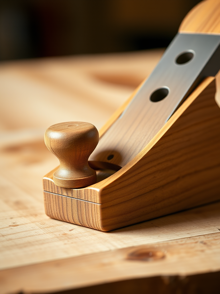 Generate a high-resolution image of a wooden hand planer with a smooth finish and a detailed grain texture, using a DSLR camera with a 50mm lens, f/2.8 aperture, ISO 100, in a well-lit studio setting with a shallow depth of field and a slight side angle for an artistic view.