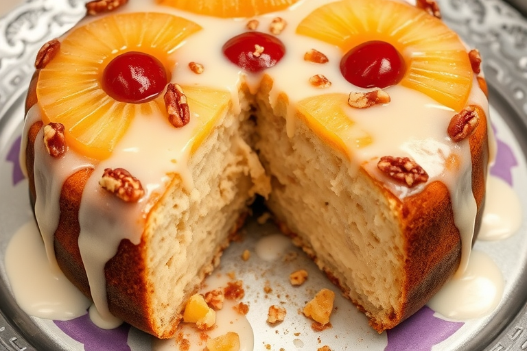A close-up of a deliciously moist pineapple upside-down cake topped with a creamy glaze and crunchy nuts, showcasing a slice cut out revealing the soft interior, all presented on a silver plate with a blurred background.