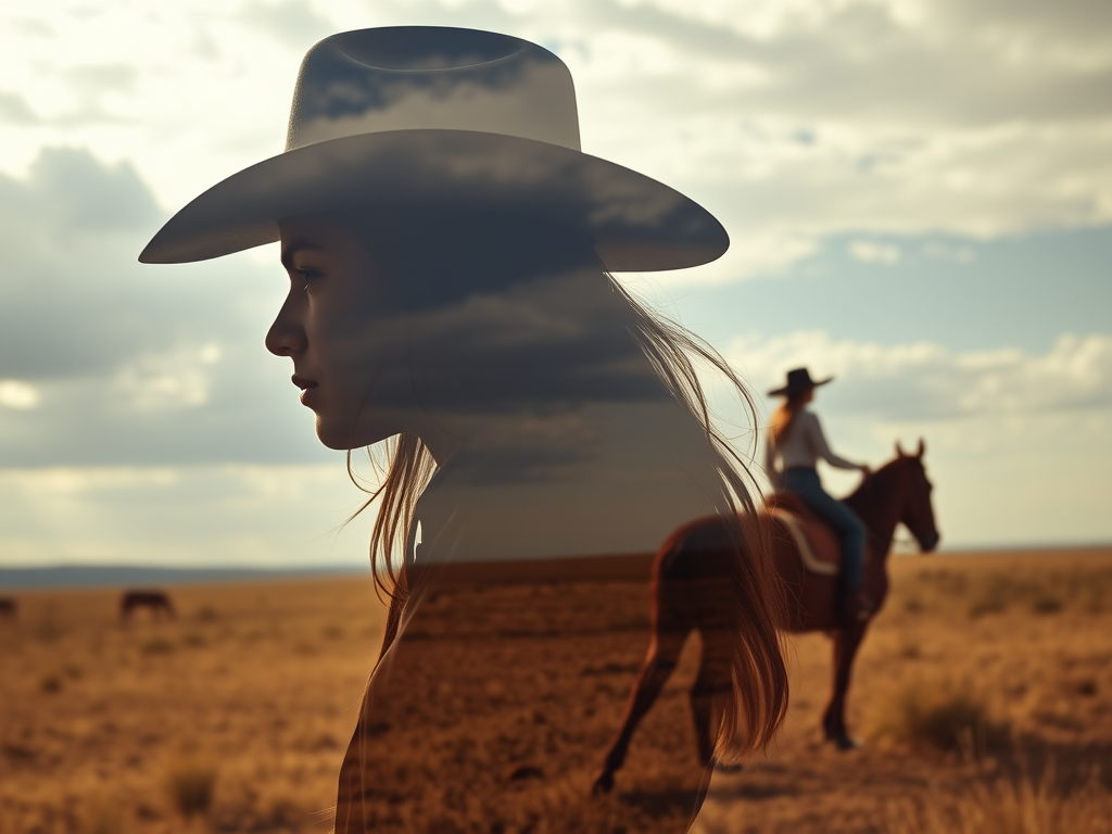"Create a Double exposure", a silhouette "profile portrait of a young cowgirl" with long hair "superimposed" against a long shot of a cowgirl riding a horse across the plains, fantastic view, 32k, cinematic, hyper-realistic.