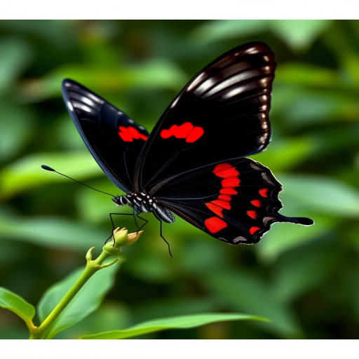 Regenerate an image of a butterfly with black wings featuring striking red patterns. The butterfly should be perched delicately on a green stem, surrounded by a lush, blurred background of greenery. The focus should be on the intricate details of the wings and the vibrant colors.