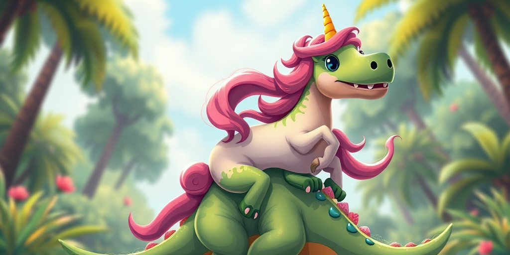Create a vibrant, detailed illustration of a green dinosaur with a friendly expression carrying a colorful unicorn on its back, using a high-resolution digital art style with a focus on bright colors and cartoonish features, shot from a low angle to enhance the sense of height and playfulness, using a Canon EOS R5 with a 50mm lens at f/2.8, ISO 100, and a shutter speed of 1/200s.