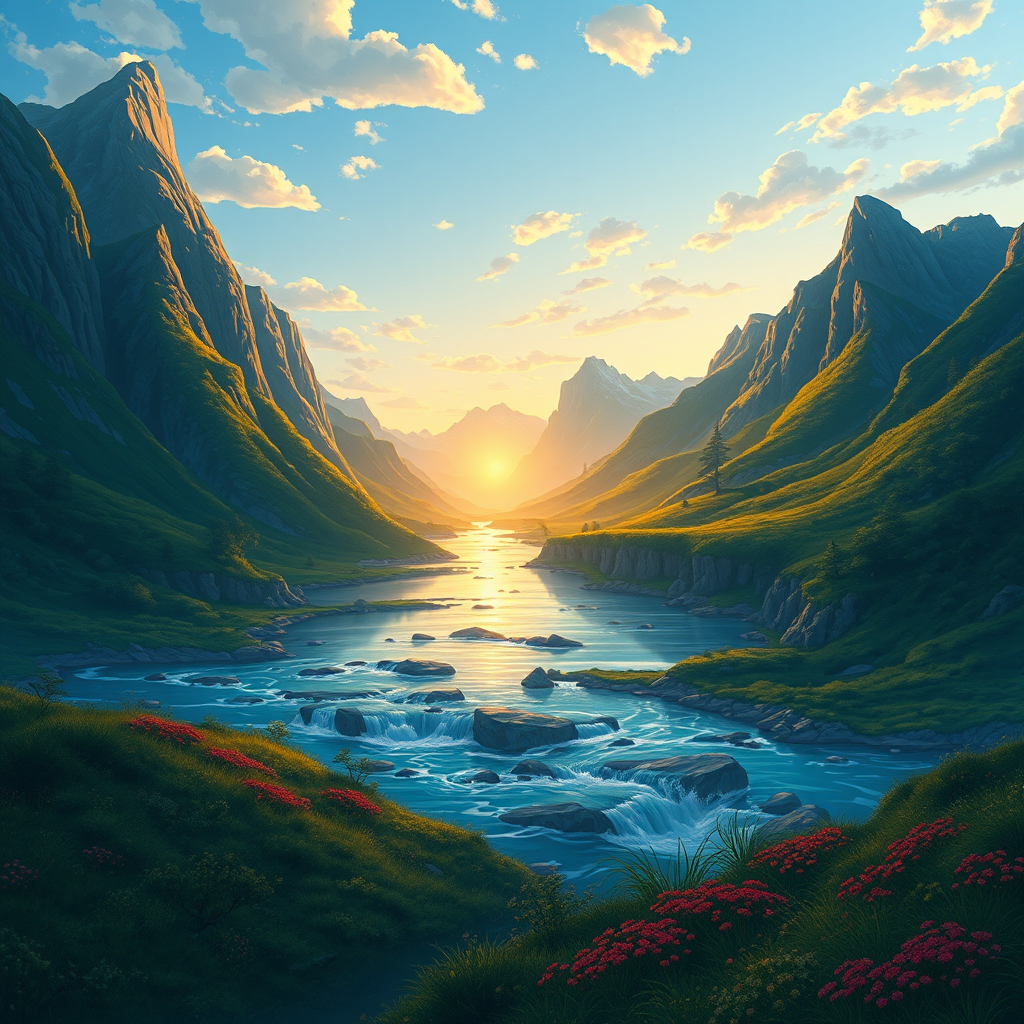Create a detailed and vibrant illustration of a fantasy landscape featuring lush mountains, a flowing river, and a clear blue sky during golden hour with soft lighting, using a DSLR camera, 50mm lens, f/1.8 aperture, 1/200 shutter speed, and ISO 100 for optimal sharpness and depth of field.