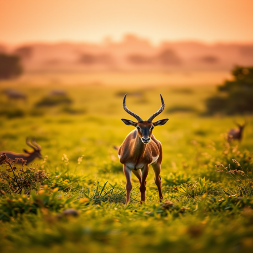 wild antelope walking through a lush green field during golden hour, shallow depth of field, 85mm lens, f/2.8 aperture, ISO 200, natural light, DSLR camera, focus on subject with blurred background