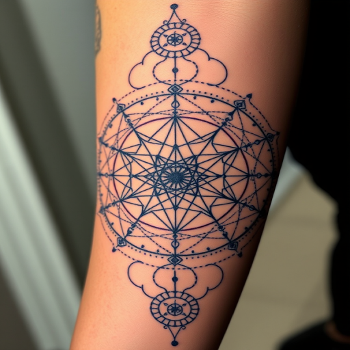 Dotwork sacred geometry tattoo dubbed "Cosmic Blueprint" featuring intricate patterns of circles, lines, and shapes created entirely with tiny dots to form a three-dimensional illusion