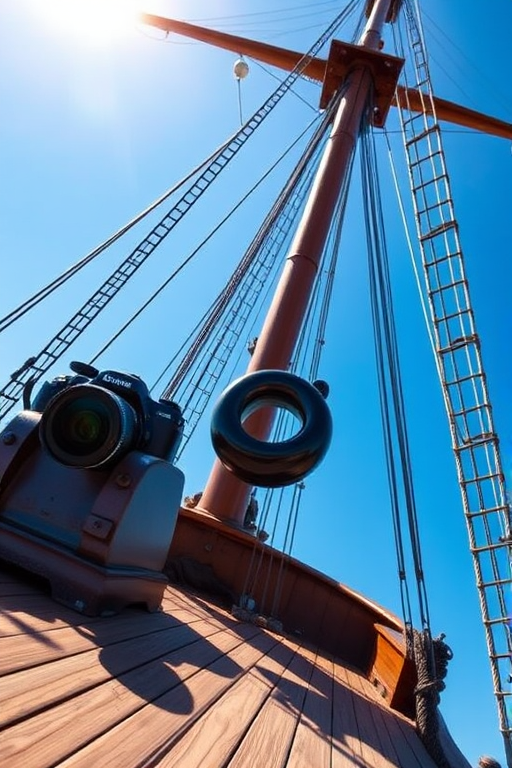 Capture a detailed close-up of the deck of a tall ship featuring the cannon and rigging against a bright blue sky, using a DSLR camera with a 50mm lens, aperture set to f/2.8, ISO 100, and a shutter speed of 1/200s.