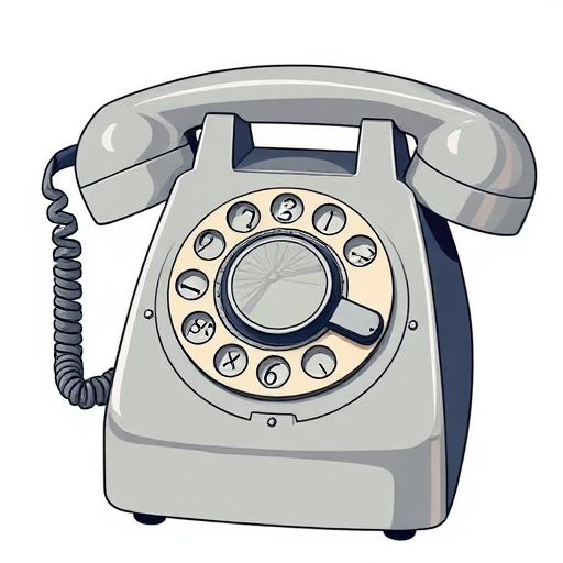 Create a detailed illustration of a vintage rotary telephone with a sleek gray body and a circular dial, soft lighting, high resolution, macro lens, f/2.8 aperture, shot from a slightly elevated angle to enhance depth and detail.