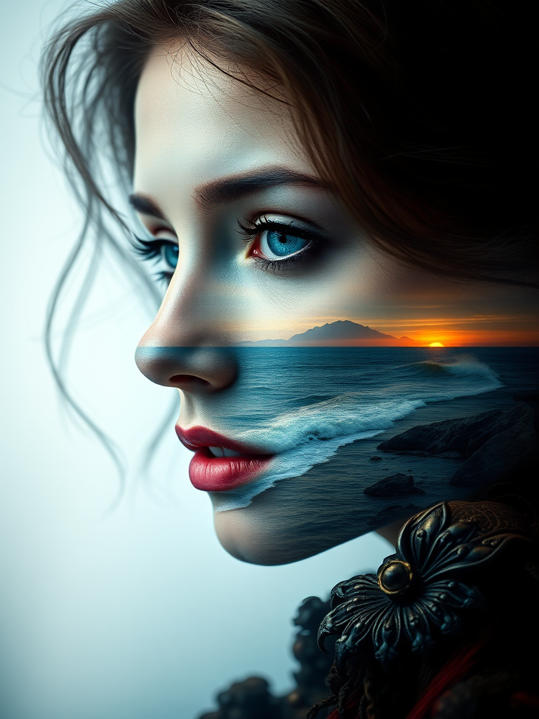 design Book cover, A surreal double exposure portrait that blends a woman's face with a beautiful seascape. The overall mood is dreamy and mystical, with rich colors and intricate details