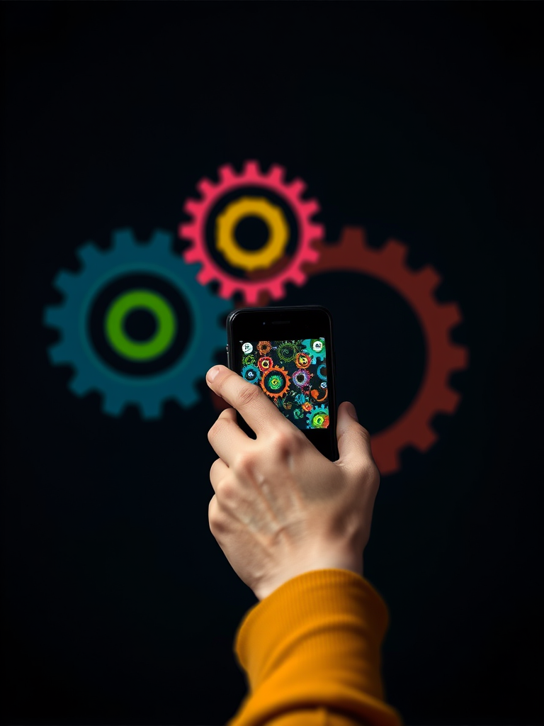 Create an image of a person using a smartphone against a dark background with colorful gears overlay, captured with a Canon EOS R5 at f/1.8, ISO 100, and a 35mm lens, in portrait orientation with a shallow depth of field.