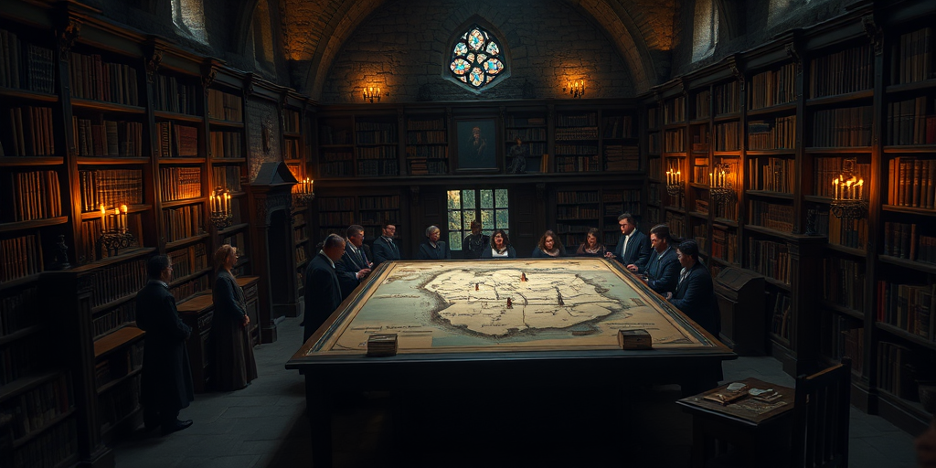 captured in a dimly lit medieval library with tall bookshelves, a large battle map on a wooden table, surrounded by people in period attire, candlelight reflecting on the stone walls, taken with a Canon EOS R5 using a 24mm f/1.4 lens, aperture set to f/2.8, ISO 800, shutter speed 1/60s, in HDR style for enhanced detail and contrast.