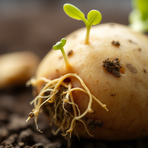 Capture a close-up shot of a sprouting potato with unique roots, using a macro lens at f/2.8, ISO 100, 1/200 sec exposure, a shallow depth of field, and soft diffused lighting for enhanced texture and detail.