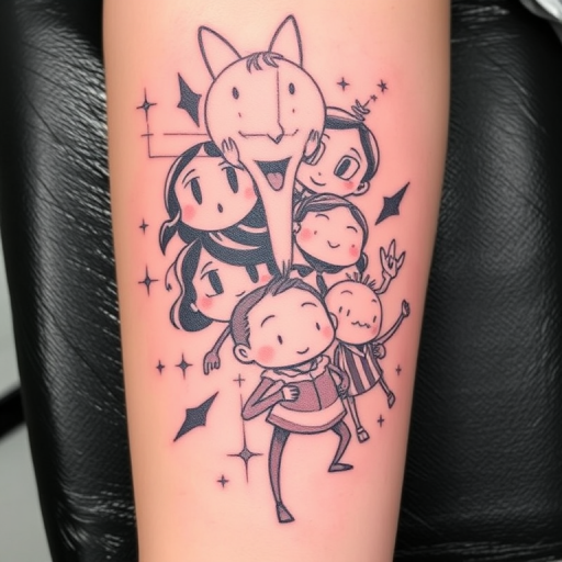 Playful "Sketch Animation" tattoo style featuring hand-drawn illustrations that appear to come to life through clever use of motion lines and multiple overlapping images, rendered in a mix of bold black outlines and subtle colored pencil shading, creating a dynamic and whimsical tattoo that tells a story through its animated aesthetic