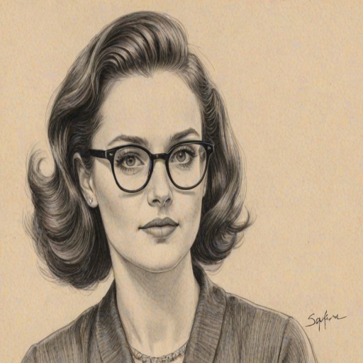 Appealing Sophie McShera, pencil sketch, portrait of Wonderful woman 1947s in glasses, hair style beatnik, outline, clear lines, fine lines, 8k