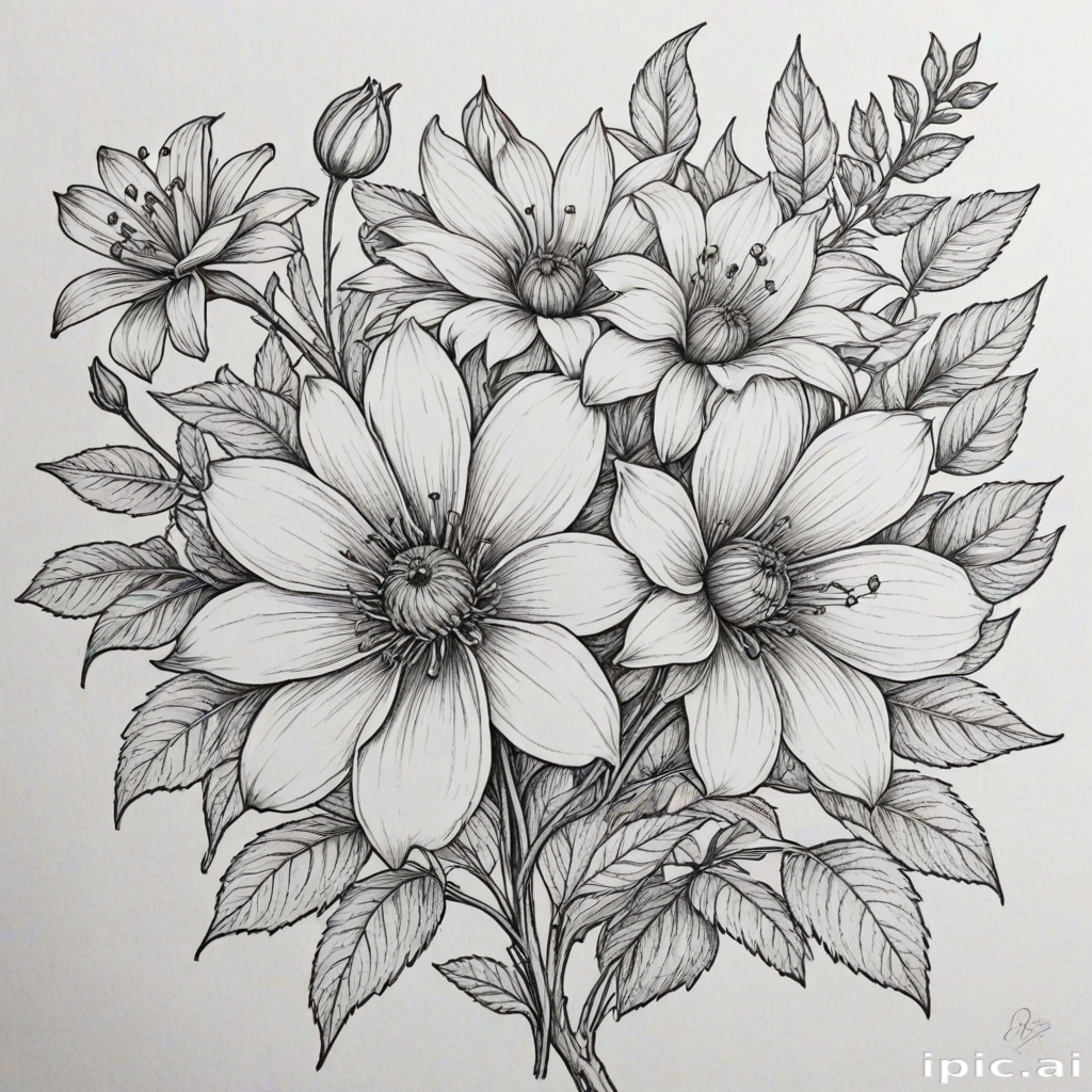 Intricate Black and White Floral Illustration Featuring Various ...