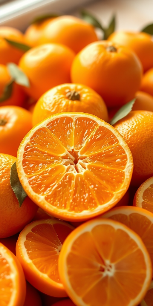 Generate a high-quality image of a fresh pile of oranges including whole oranges, a sliced orange, and orange segments, with a macro lens, f/2.8 aperture, 50mm focal length, soft natural lighting, and a blurred background for a depth effect.